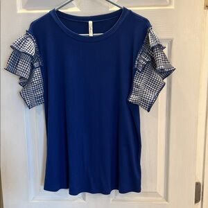 Elegant Blue Gingham Ruffle Sleeve Blouse
